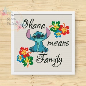 Expérience 626 modèle de point de croix, Ohana signifie famille xstitch, citation point de croix, déco enfants xStitch, fleurs hawaïennes point de croix #075