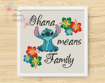 Expérience 626 Cross Stitch Pattern, Ohana signifie famille xstitch, Quote Cross Stitch, décor pour enfants xStitch, Hawaiian Flowers Cross Stitch #075