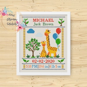 Baby birth announcement cross stitch pattern, Giraffe cross stitch, New baby birth Decor wall art, Baby sampler, Instant Download, #065