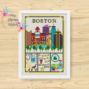 Boston Cross Stitch Pattern, Little city cross stitch pattern, Modern cross stitch, US State cross stitch, Travel time cross stitch, #096