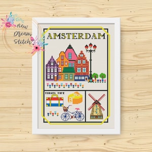 Amsterdam Cross Stitch Pattern, Little city cross stitch pattern, Netherlands, Modern cross stitch, country stitch, Travel cross stitch,#042