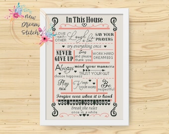 In questa casa Schema punto croce, Regole familiari Punto croce, Regole della casa Schema punto croce, Arredamento della stanza xstitch, Download istantaneo, #109