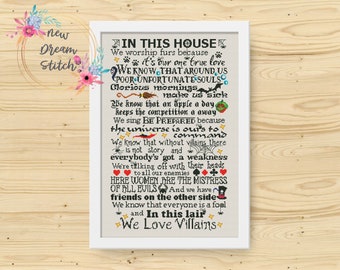 In This House Villains schema punto croce, punto croce Halloween, regole di famiglia, citazione cartone animato, decorazione per la cameretta dei bambini, download immediato #210