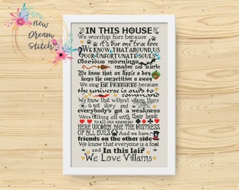 In This House Villains Cross Stitch Pattern, Halloween Cross Stitch, Family Rules, Cartoon Quote, Kids room Decor, Instant Download #210