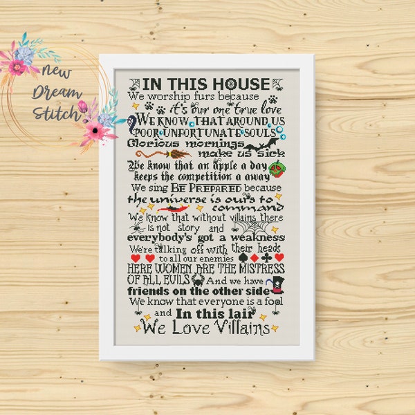 In This House Villains Cross Stitch Pattern, Halloween Cross Stitch, Family Rules, Cartoon Quote, Kids room Decor, Instant Download #210