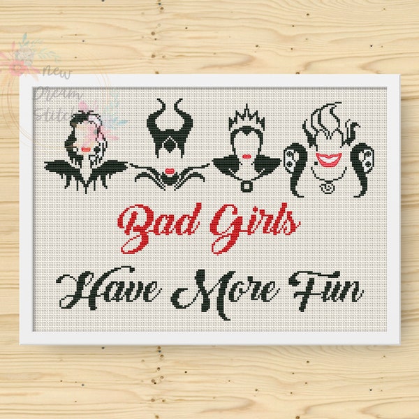 Bad Girls Cross Stitch Pattern, Méchants d'Halloween Point de croix, Méchants de silhouettes, Point moderne, Décor de chambre d'enfant, Téléchargement instantané #212