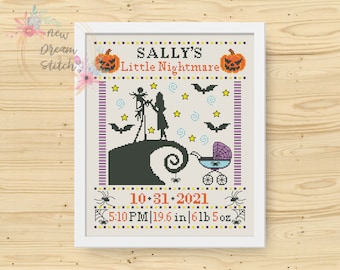 Baby birth announcement cross stitch pattern, Nightmare cross stitch pattern, New baby birth Nursery decor wall art, Baby sampler, #168