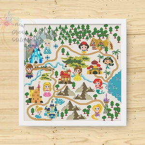 Patrón de punto de cruz de mapa de cuento de hadas, patrón de punto de cruz Mini Pixel Princesses, Neverland, Sirena, Punto de cruz de Princesa Bella, #045