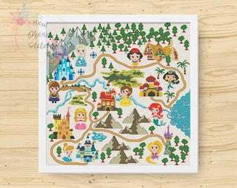 May include: A colorful cross-stitch pattern featuring a map of Disney princess castles. The map includes castles from Snow White, Cinderella, Ariel, Belle, Rapunzel, and more. The castles are surrounded by mountains, trees, and water.