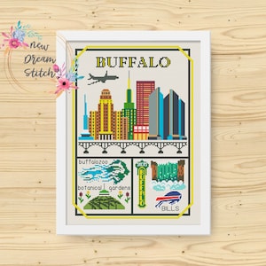 Buffalo cross stitch pattern Little city and country Modern xstitch US State New York, Travel time Niagara Falls, Zoo, Botanical Garden #224
