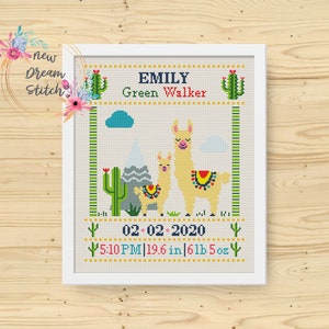 Baby birth announcement cross stitch pattern, Llama cross stitch, New baby birth Nursery decor wall art, Baby sampler, Instant Download,#028