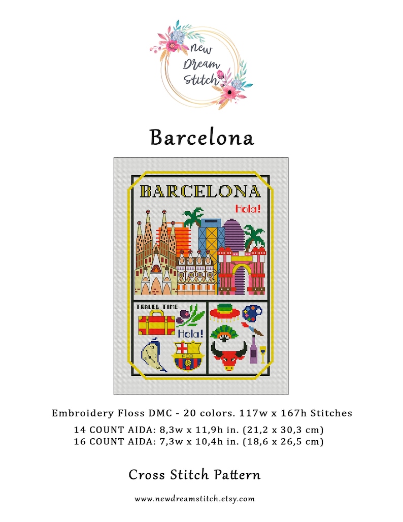 Barcelona Cross Stitch Pattern, Little City Cross Stitch Pattern, Spain ...
