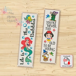 Bookmark Princesses cross stitch pattern, Mini Pixel Princesses, Little Mermaid, Snow, Fairytale Xstitch, Reader Library, Classic Book, #182