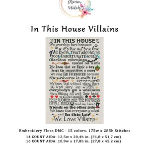 Pu&ograve; includere: Un modello a punto croce con il testo "In This House Villains" e un motivo floreale. Il testo include frasi come "We Love Villains" e "In This Lair". Le dimensioni del modello sono 175 punti di larghezza e 285 punti di altezza.