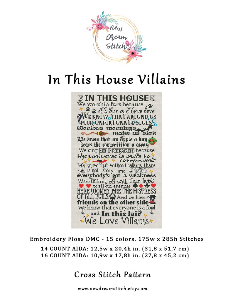 Pu&ograve; includere: Un modello a punto croce con il testo "In This House Villains" e un motivo floreale. Il testo include frasi come "We Love Villains" e "In This Lair". Le dimensioni del modello sono 175 punti di larghezza e 285 punti di altezza.