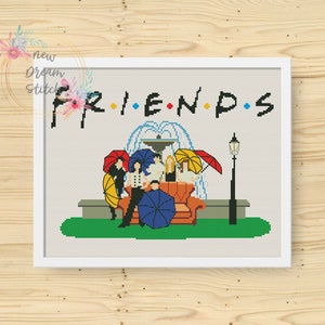 Friends cross stitch pattern, Funny TV Show cross stitch, Modern Cross Stitch, Comic Series xstitch, Friends Sofa, fountain, umbrella #034