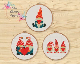SET Valentines Gnomes cross stitch pattern, Valentine's Day cross stitch, Easy Funny Counted Cross Stitch Chart, Love Gnomes xStitch #149