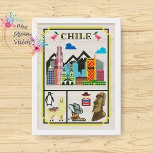 Könnte beinhalten: Kreuzstichmuster mit einer farbenfrohen Illustration des Wortes "CHILE" mit einer Stadtlandschaft, Bergen, einem Pinguin, einem Lama, einem traditionellen Hut und einer Moai-Statue.