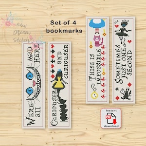 Bookmark Alice cross stitch pattern, Wonderland stitch counted, Cat, Alice silhouette pattern, Reader Library, Classic Book xStitch, #178