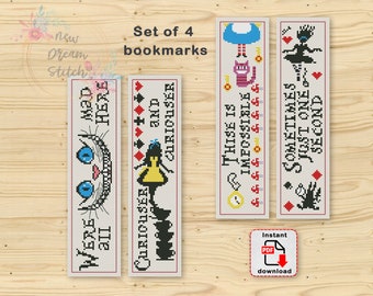 Bookmark Alice cross stitch pattern, Wonderland stitch counted, Cat, Alice silhouette pattern, Reader Library, Classic Book xStitch, #178