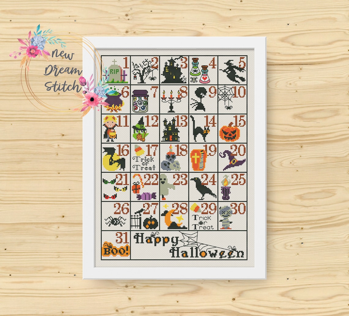 Halloween Calendar Cross Stitch Pattern, Happy Halloween Cross Stitch ...