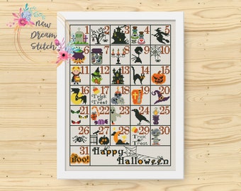 Pode incluir: Um padrão de ponto cruz colorido com tema de Halloween. O padrão apresenta um calendário com diferentes ícones de Halloween para cada dia do mês, incluindo um fantasma, uma bruxa, uma abóbora, uma teia de aranha e um morcego. O padrão também inclui o texto "Happy Halloween" e "Boo!"