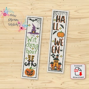 Bookmark Halloween pumpkin cross stitch pattern, Bookmark pattern with8Halloween signs and quotes, Witching hour embroidery pattern #228
