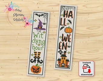 Bookmark Halloween pumpkin cross stitch pattern, Bookmark pattern with8Halloween signs and quotes, Witching hour embroidery pattern #227