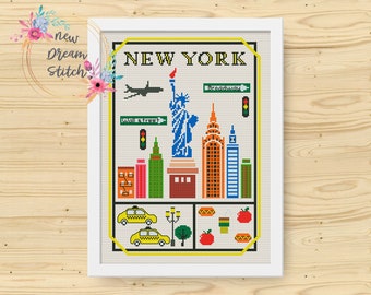 Patrón de punto de cruz de la ciudad de Nueva York, Patrón de punto de cruz de la pequeña ciudad, Punto de cruz moderno, Punto de cruz del estado de EE. UU., Punto de cruz de viaje, #011