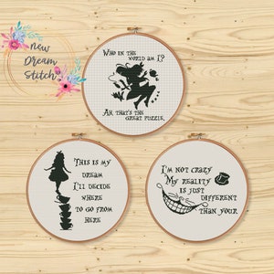 SET Alice Cross Stitch Pattern, Wonderland stitch counted, Cat, Alice silhouette, kids room decor xStitch, Modern Embroidery Chart, #148
