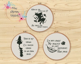 SET Alice Cross Stitch Pattern, Wonderland stitch counted, Cat, Alice silhouette, kids room decor xStitch, Modern Embroidery Chart, #148