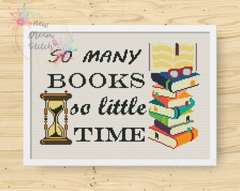 Tantos libros y tan poco tiempo patrón de punto de cruz, Biblioteca de lectores, Estantería, Libros punto de cruz, Decoración moderna del hogar contado xstitch, #044