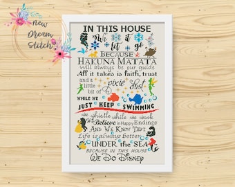 In This House Cross Stitch Pattern, Cartoon Quote, Fairytale Heroes, Family Rules, Kids room Decor cross stitch, PDF Instant Download, #089