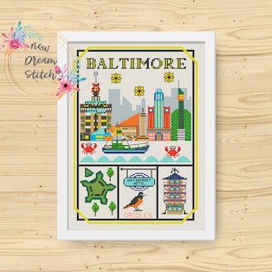 Puede incluir: Patrón de punto de cruz de un paisaje urbano colorido con la palabra "BALTIMORE" en la parte superior. El patrón incluye un barco, un cangrejo, una tortuga, un edificio con las palabras "WATERFRONT HOTEL" y un pájaro con la palabra "ORIOLES".
