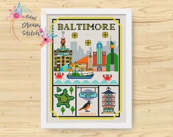 Baltimore cross stitch pattern Little city and country Modern xstitch US State Maryland, Travel time National Aquarium, Oriole bird #225