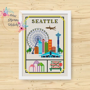 Seattle City Cross Stitch Pattern, Little city cross stitch pattern, Modern cross stitch, US State cross stitch, Travel cross stitch, #016