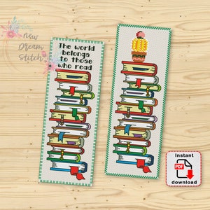 May include: Two cross-stitch bookmark patterns featuring a stack of books. One bookmark has the text "The world belongs to those who read". The other bookmark has a small cactus on top of the stack of books.