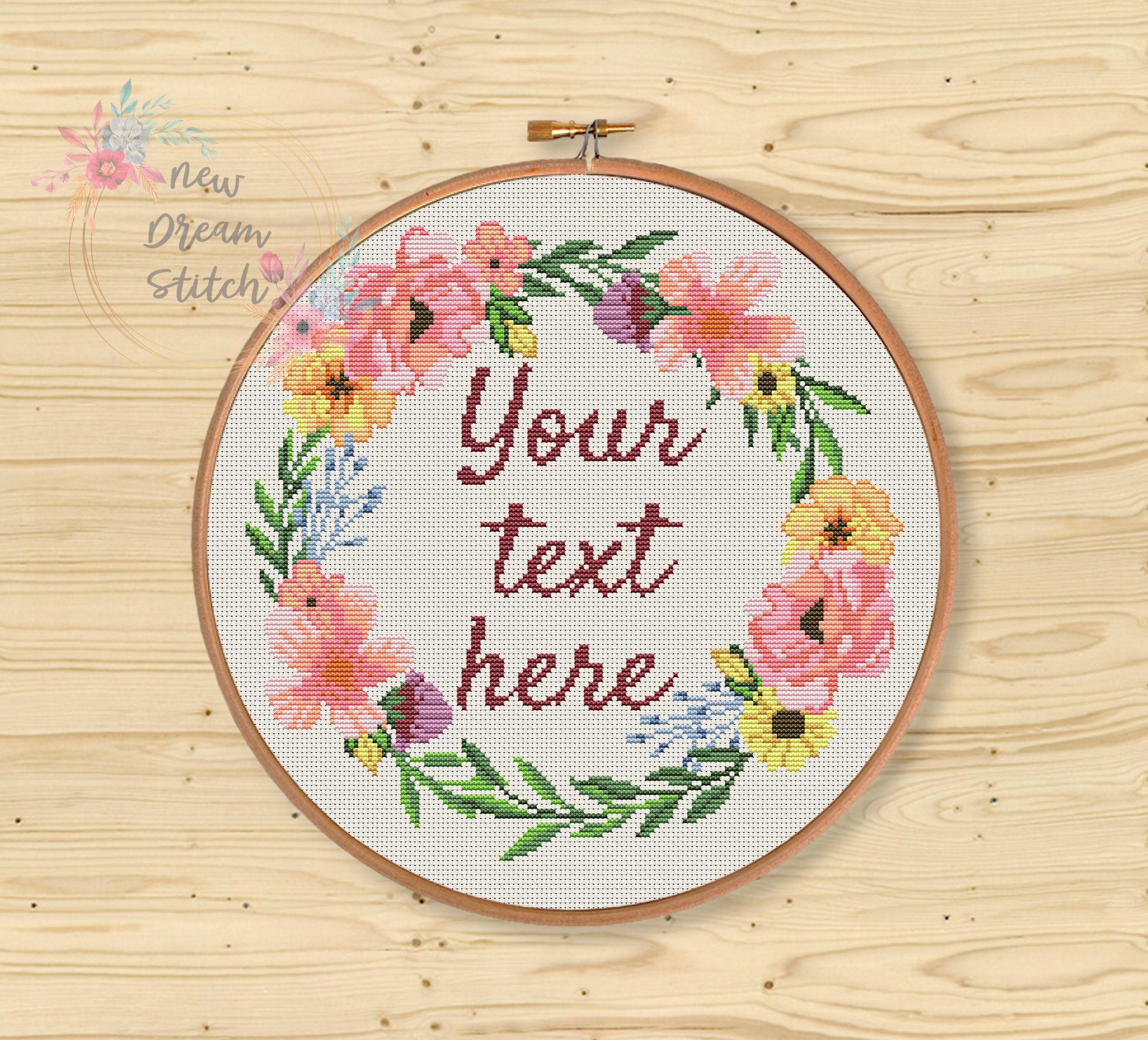 Floral Wreath Cross Stitch Pattern, Personalized Cross Stitch