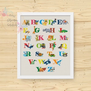 Tiere Alphabet Kreuzstichmuster, lustiger Kreuzstich, Waldkindergarten xStitch, Buchstaben Kreuzstich, Pixel Tiere, moderne Karte, #107