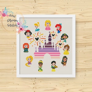 May include: Cross stitch pattern featuring a colorful pixelated image of Cinderella's castle with fireworks and Disney princesses surrounding it. The princesses include Cinderella, Snow White, Ariel, Jasmine, Belle, Rapunzel, Mulan, Pocahontas, Tiana, and Aurora.