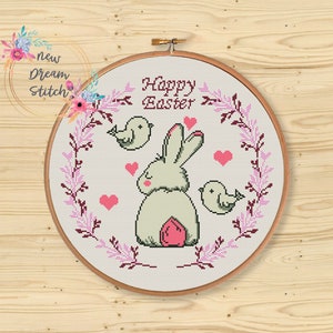 Motif de point de croix lapin de Pâques, point de croix joyeuses Pâques, point de croix couronne de fleurs de Pâques, cerceau rond, fleurs de printemps douces, #166