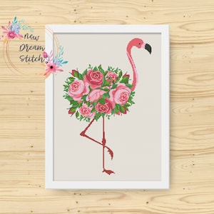 Flamingo cross stitch pattern, Flamingo аnd Roses, animals cross stitch pattern, Flamingo Flowers cross stitch, modern xstitch Charts, #114