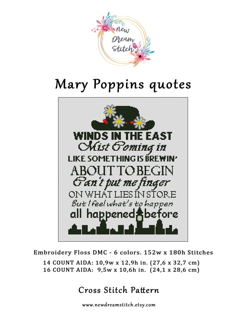 Mary Cross Stitch Pattern, Practically Perfect Quotes xstitch, Book Cross Stitch, TV Movie stitch count, kids room cross stitch 077 image 2