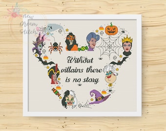 Without villains there is no story Cross Stitch Pattern, Halloween Cross Stitch, Mouse head xStitch, Kids room Decor, Instant Download #211