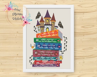 Magic school castle Cross Stitch Pattern, Wizard book, Wizarding world counted cross stitch, Set of books, little wizard, Download PDF #167