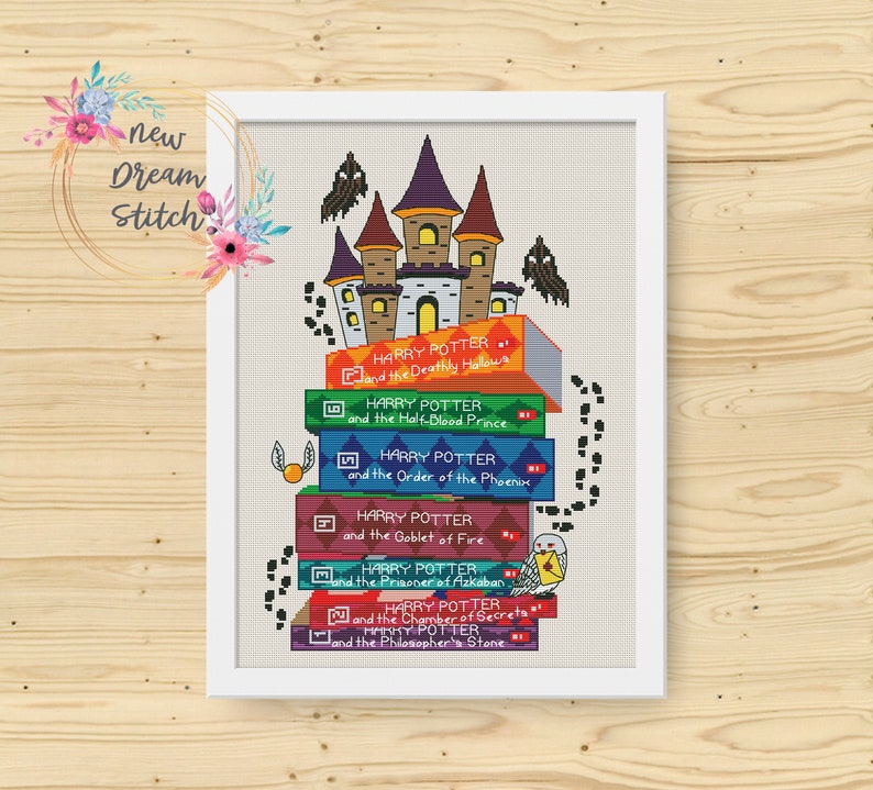 Magic school castle Cross Stitch Pattern, Wizard book, Wizarding world counted cross stitch, Set of books, little wizard, Download PDF 167 image 1