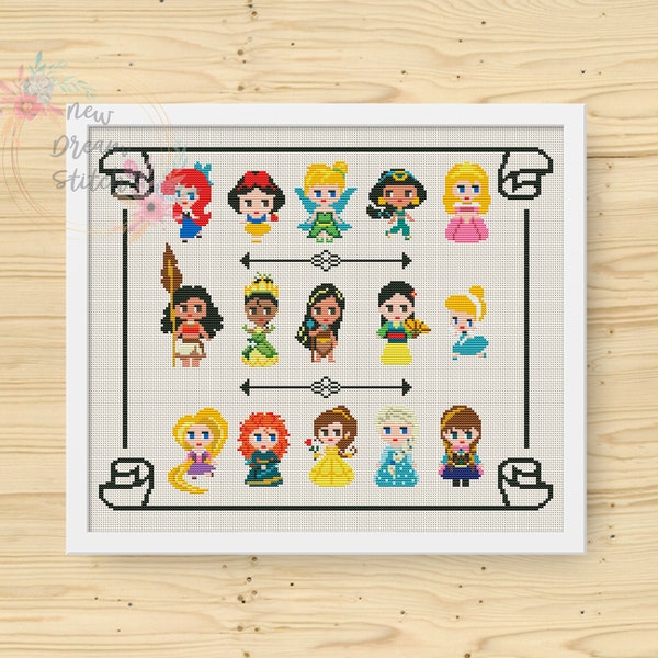 Mini Pixel Princesses Cross Stitch Pattern, Little princesses cross stitch pattern, Neverland, Mermaid, Beauty princess stitch counted, #057