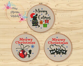 SET Christmas Cats Cross Stitch Pattern, Black cat, animal, Holiday Christmas Decor xStitch, Meowy Christmas, Modern Merry Christmas, #201