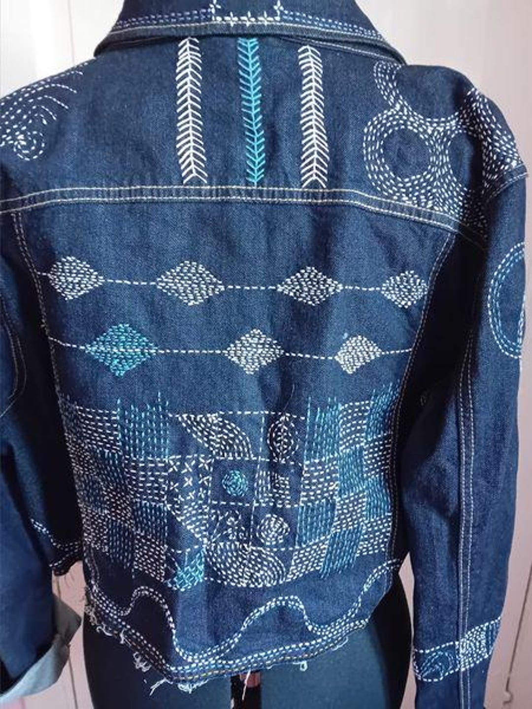 Sashiko / Boro Inspired Denim Jacket. Crop Style Size 20