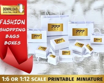 Bolsas de compras de moda en miniatura Cajas de regalo 1/6 escala 1:12 muñecas de casa de muñecas Paquete de papel de diseñador de moda imprimible Compras de muñecas de 12 pulgadas